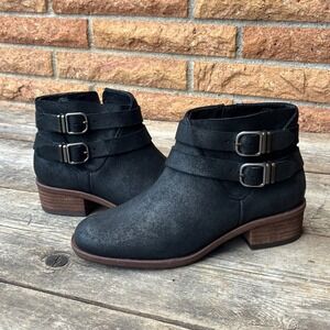 Lucky Brand Ankle Boots 6.5M Black Leather Double Buckle Moto Bootie LK-BEFIND